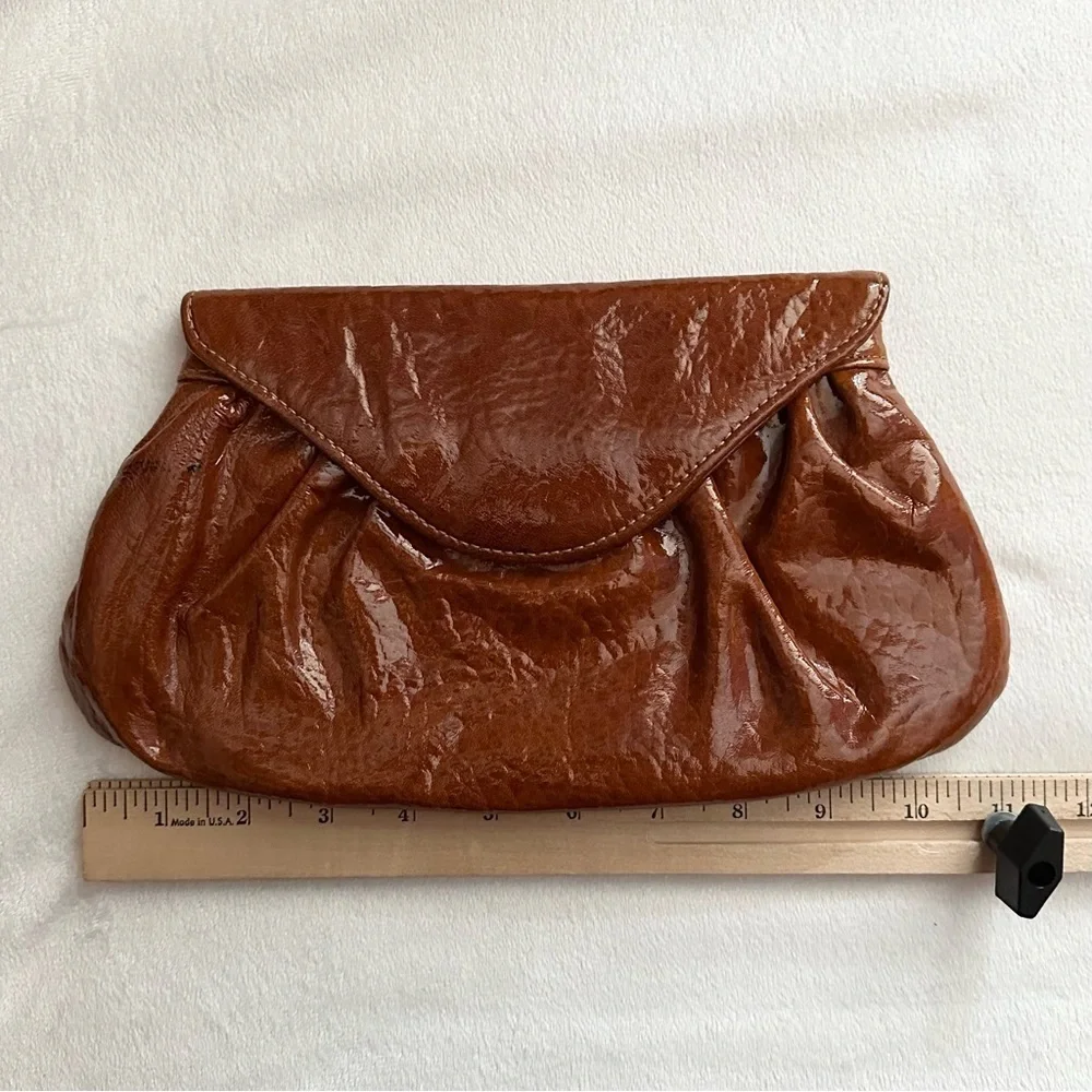 Lauren Merkin Caramel Cognac Brown Clutch Purse Envelope Closure Shiny Chic